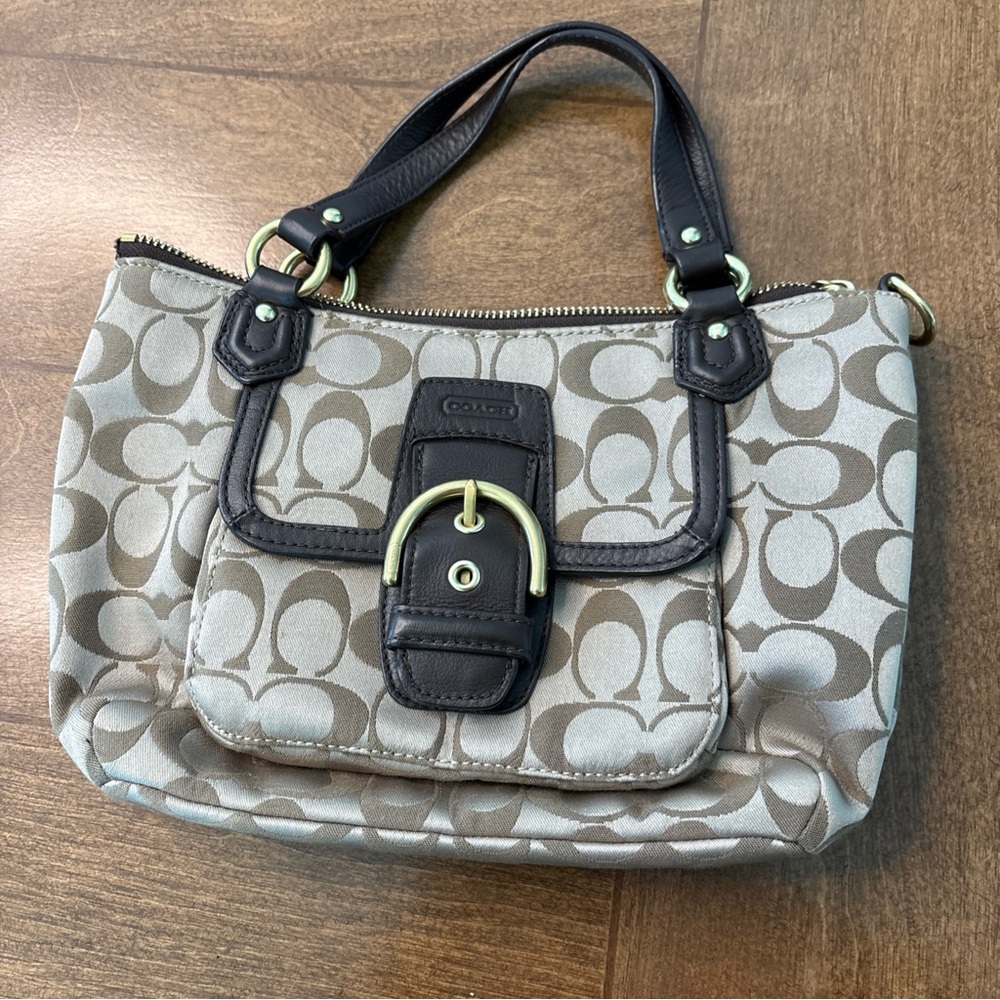 Coach Signature Canvas Shoulder Bag in Beige and Brown with Gold Hardware